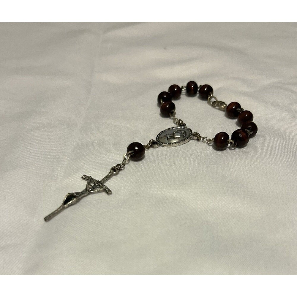 Wood Bead One-Decade Rosary w/ Metal Crucifix & Center Medal - Christianity